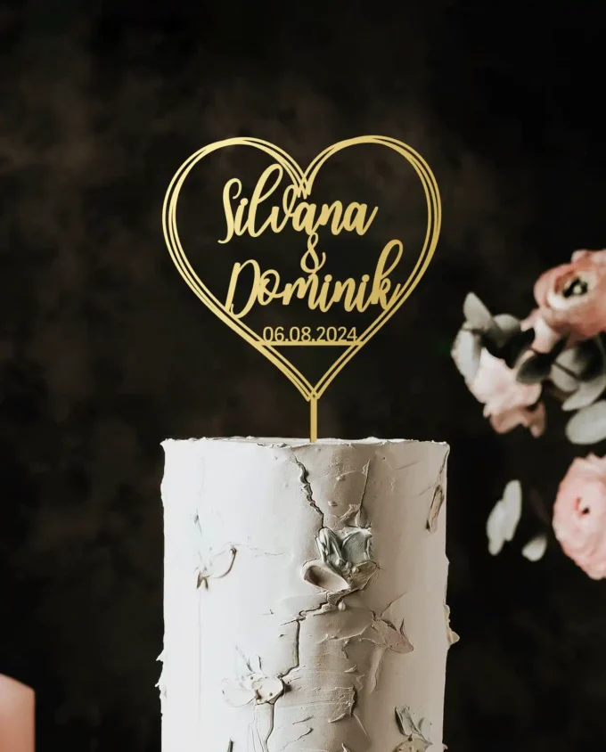 tortendeko zur hochzeit personalisiert in herzform - tortentopper